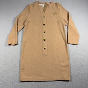 Vintage Steve Fabrikant Dress  Midi Beige Knit Gold Acorn Button Saks 5th Avenue